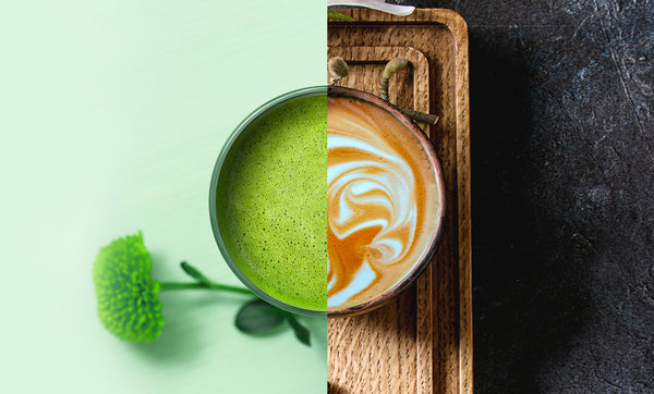 Matcha versus coffee - an image of matcha juxtaposed with a coffee latte